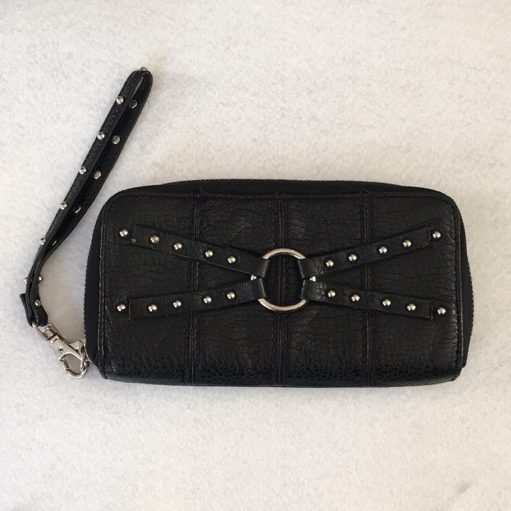 Studded black “leather” wristlet